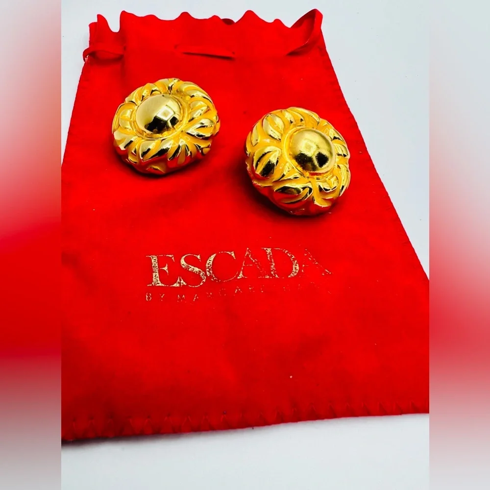 ESCADA 1980s Rare Vintage Goldtone Button Disc Clipon Signed Earrings & Dust Bag - Picture 2 of 6